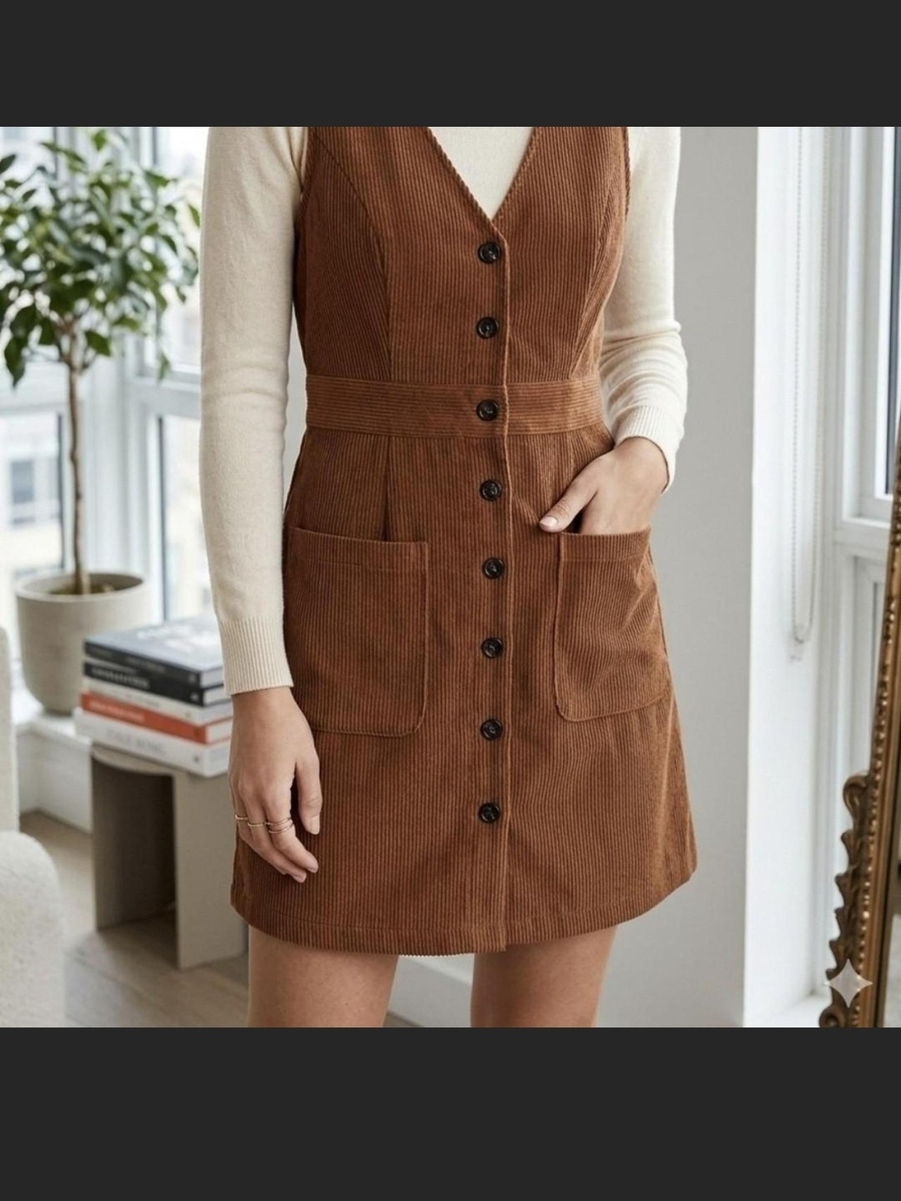Sleeveless Corduroy Button-Front Mini Dress in Brown